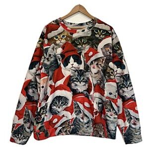 Santa Cat Print Ugly Christmas Sweatshirt Mens Womens Size XXL Long Sleeve Crew